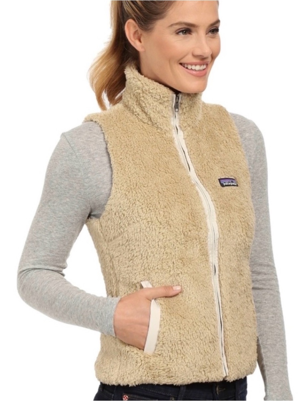 Patagonia Los Gatos Vest Women's Small Tan Winter Ski Khaki Fleece Full Zip